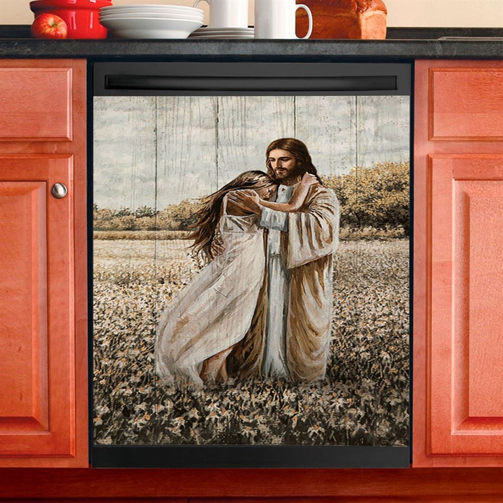 Jesus Hug Girl In Flower Field Dishwasher Cover, Christian Dishwasher Stickers, Bible Verse Kitchen Decor