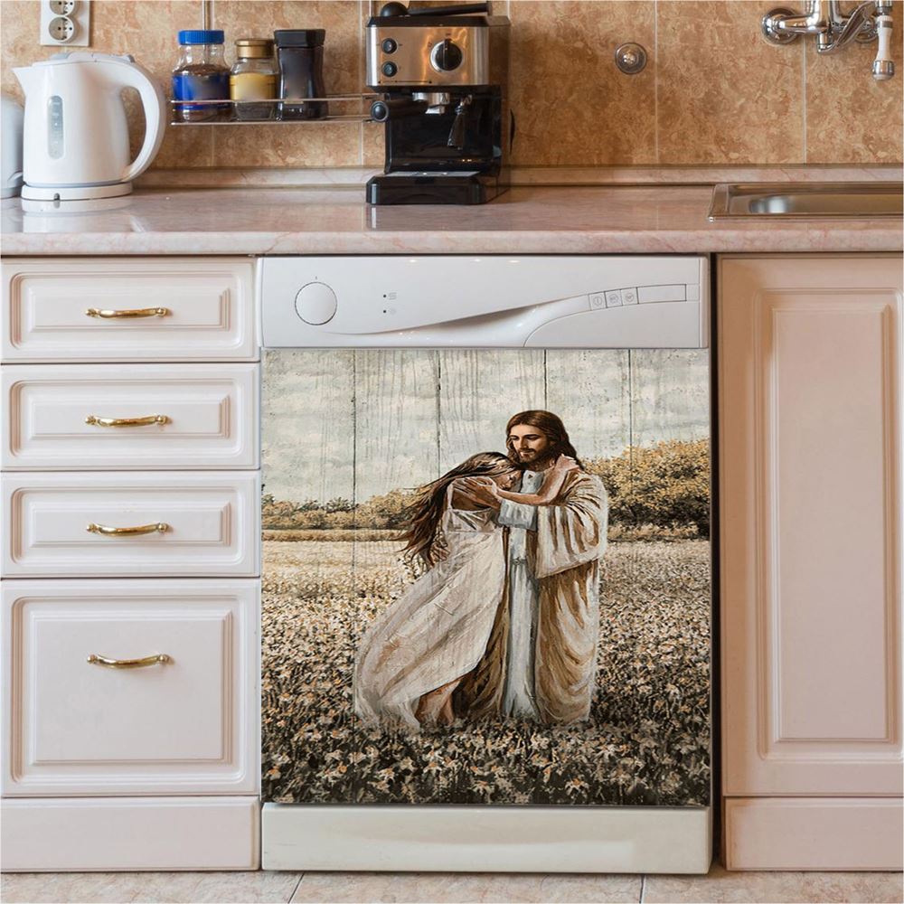 Jesus Hug Girl In Flower Field Dishwasher Cover, Christian Dishwasher Stickers, Bible Verse Kitchen Decor