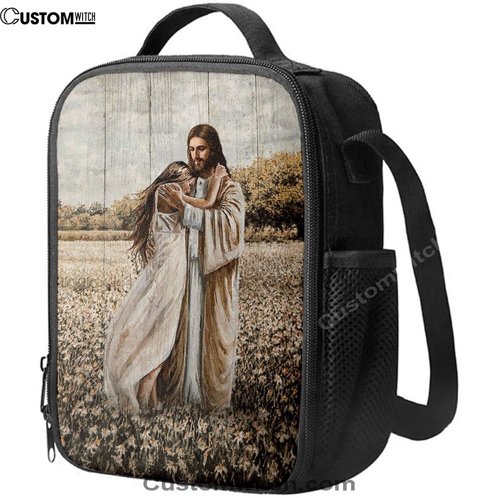 Jesus Hug Girl In Flower Field Lunch Bag, Christian Lunch Box For School, Picnic