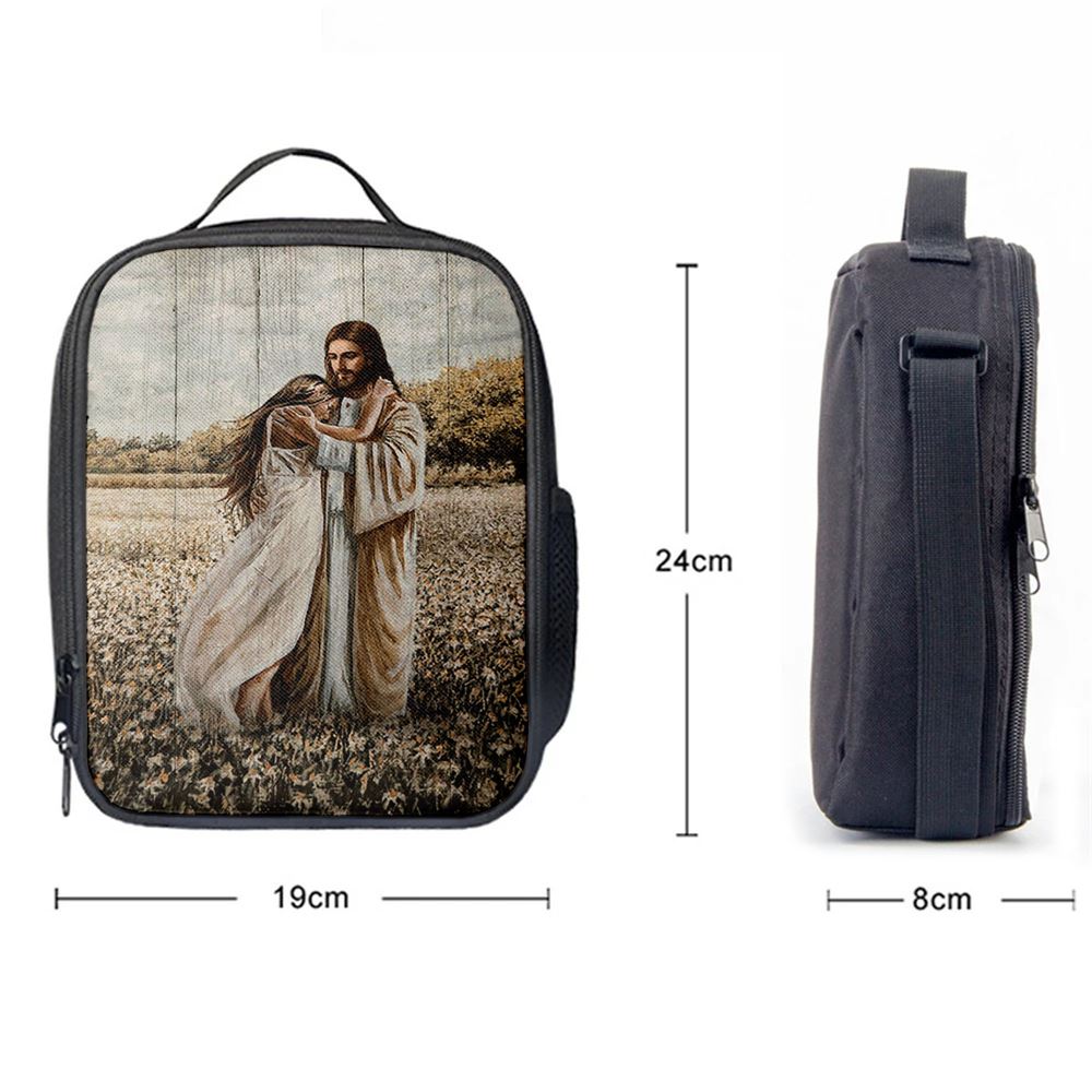 Jesus Hug Girl In Flower Field Lunch Bag, Christian Lunch Box For School, Picnic