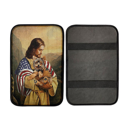 Jesus Hug Yorkshire Terrier Car Center Console Cover, Christian Car Armrest Accessories