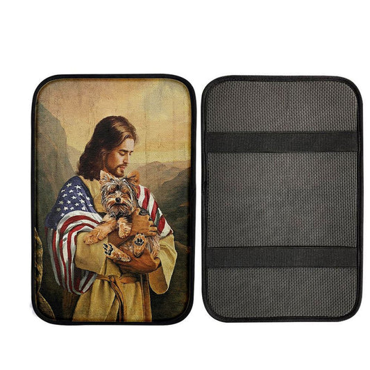 Jesus Hug Yorkshire Terrier Car Center Console Cover, Christian Car Armrest Accessories