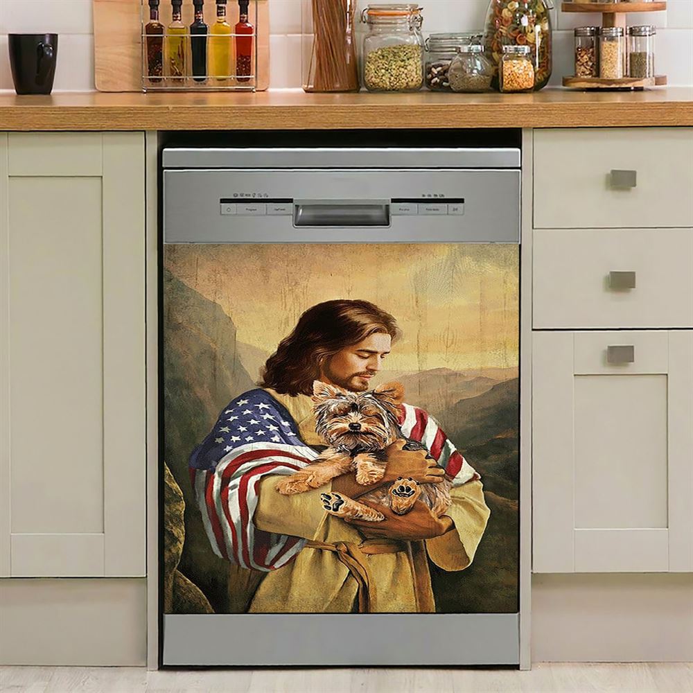 Jesus Hug Yorkshire Terrier Dishwasher Cover, Christian Dishwasher Stickers, Bible Verse Kitchen Decor