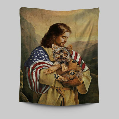 Jesus Hug Yorkshire Terrier Tapestry Art - Christian Art - Bible Verse Wall Art - Religious Home Decor