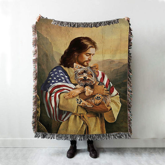 Jesus Hug Yorkshire Terrier Woven Blanket Art - Christian Art - Bible Verse Throw Blanket - Religious Home Decor