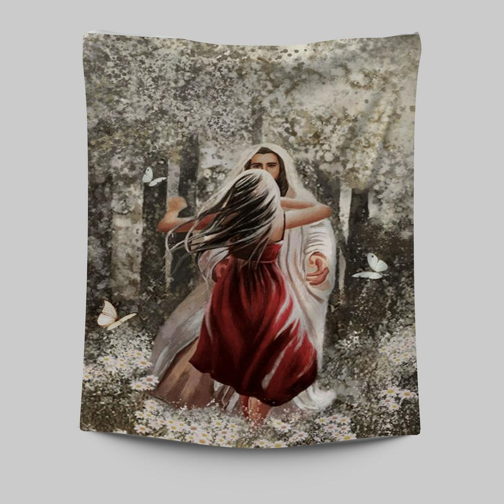 Jesus Hugging Girl Tapestry Prints - Jesus Christ Tapestry Art - Christian Wall Decor