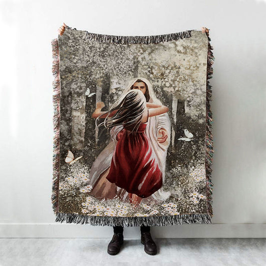 Jesus Hugging Girl Woven Blanket Prints - Jesus Christ Woven Blanket Art - Christian Boho Blanket