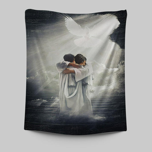 Jesus Hugging Man Dove Tapestry Art - Christian Art - Bible Verse Wall Art - Religious Home Decor