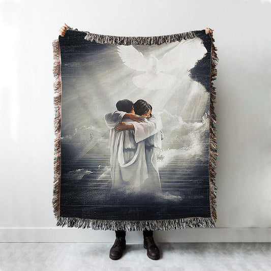 Jesus Hugging Man Dove Woven Blanket Art - Christian Art - Bible Verse Throw Blanket - Religious Home Decor