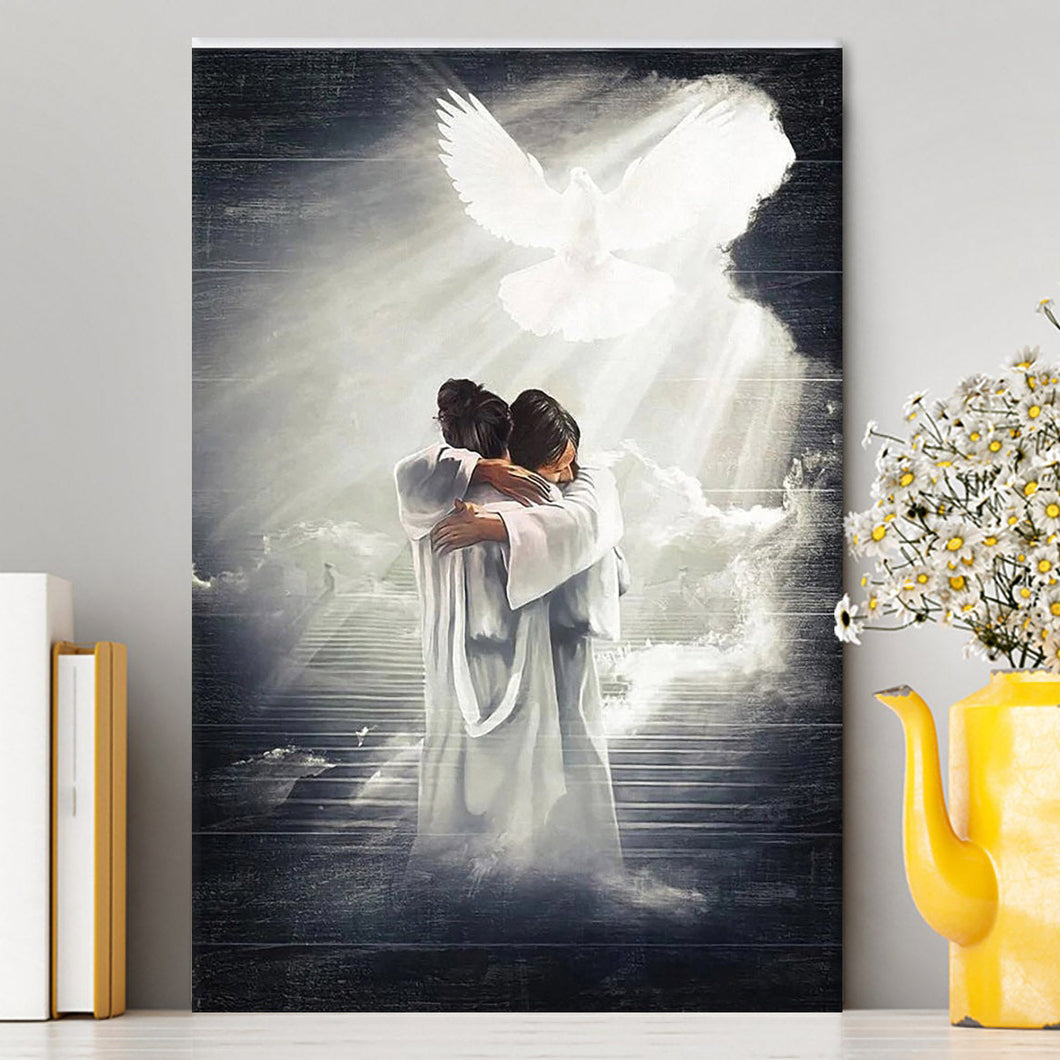 Jesus Hugging Woman Mystic Light Dove Canvas Prints - Jesus Christ Canvas Art - Christian Wall Decor