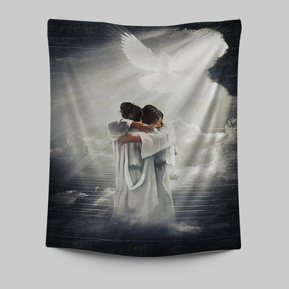 Jesus Hugging Woman Mystic Light Dove Tapestry Prints - Jesus Christ Tapestry Art - Christian Wall Decor