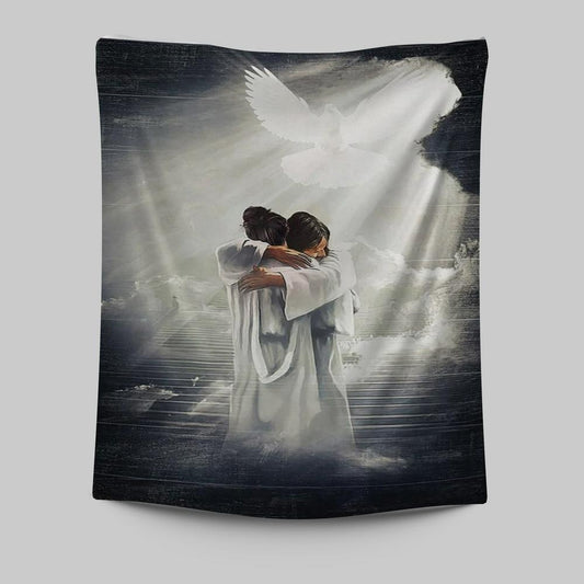 Jesus Hugging Woman Mystic Light Dove Tapestry Prints - Jesus Christ Tapestry Art - Christian Wall Decor