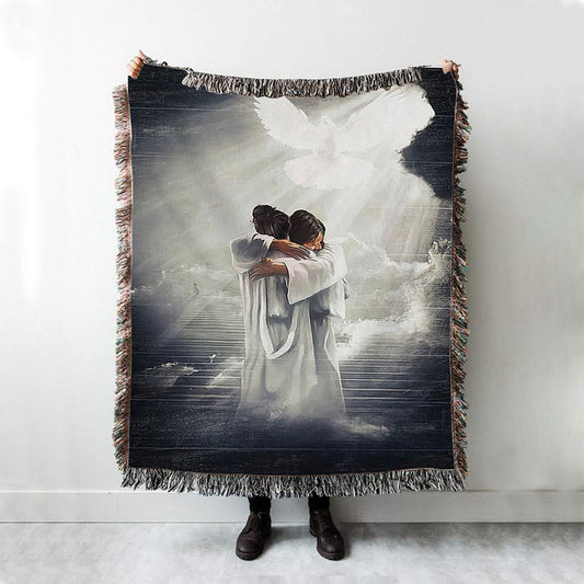 Jesus Hugging Woman Mystic Light Dove Woven Blanket Prints - Jesus Christ Woven Blanket Art - Christian Boho Blanket