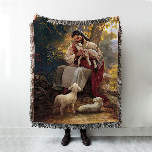 Jesus Hugs Lamb Of God Woven Throw Blanket - Bible Verse Woven Blanket Art - Inspirational Art - Christian Home Decor
