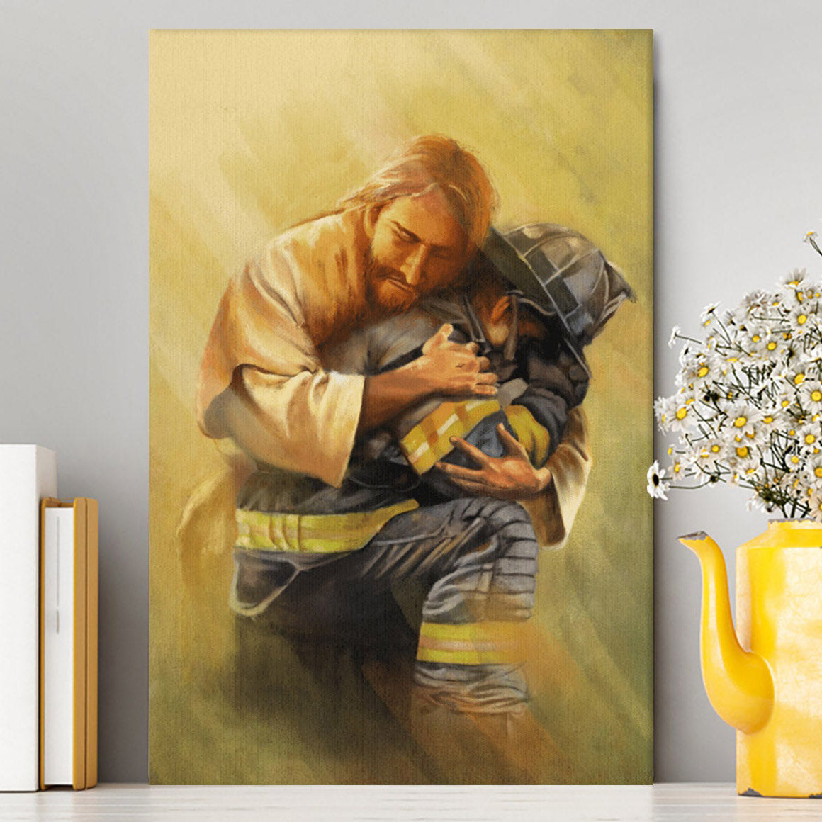 Jesus Hugs The Firefighter Canvas Prints - Jesus Christ Canvas Art - Christian Wall Decor