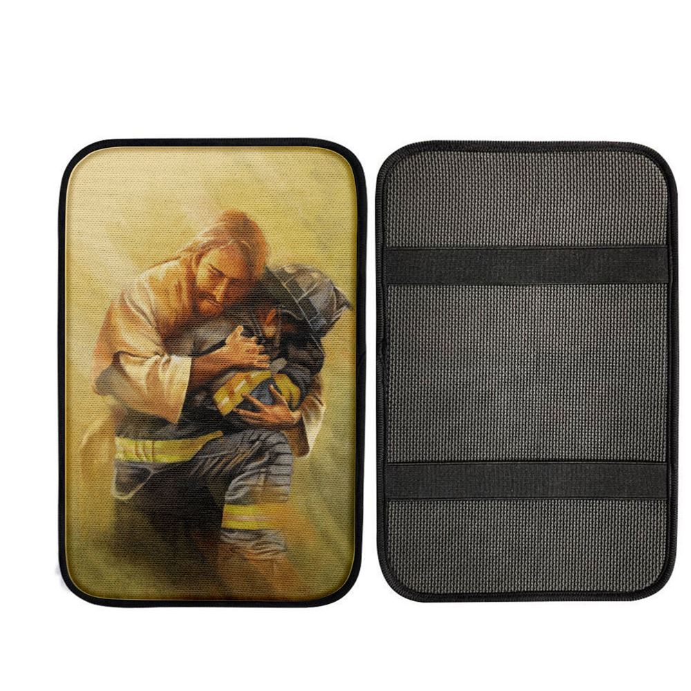 Jesus Hugs The Firefighter Car Center Console Cover, God Car Armrest Accessories