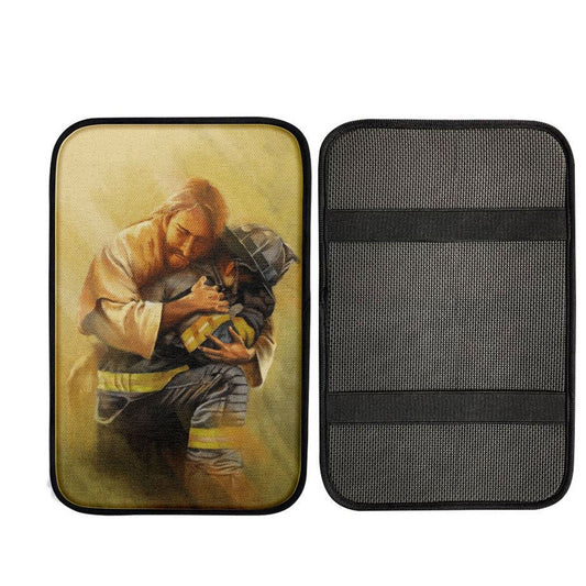 Jesus Hugs The Firefighter Car Center Console Cover, God Car Armrest Accessories