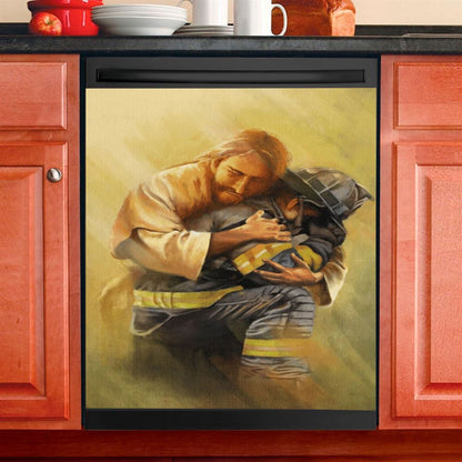 Jesus Hugs The Firefighter Dishwasher Cover, Jesus Christ Dishwasher Stickers, Christian Kitchen Decor