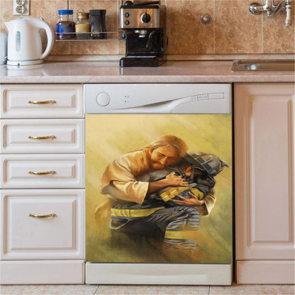 Jesus Hugs The Firefighter Dishwasher Cover, Jesus Christ Dishwasher Stickers, Christian Kitchen Decor