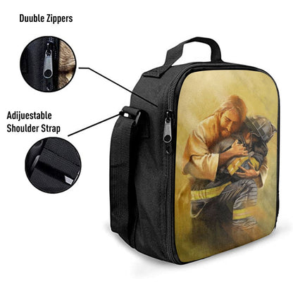 Jesus Hugs The Firefighter Lunch Bag, Christian Lunch Box For School, Picnic