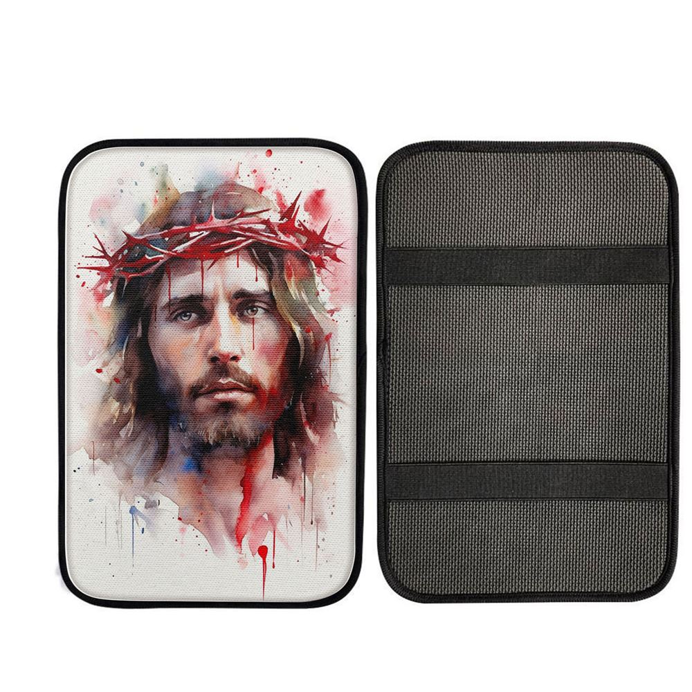 Jesus In Crown Of Thorns Watercolor Car Center Console Cover, God Car Armrest Accessories