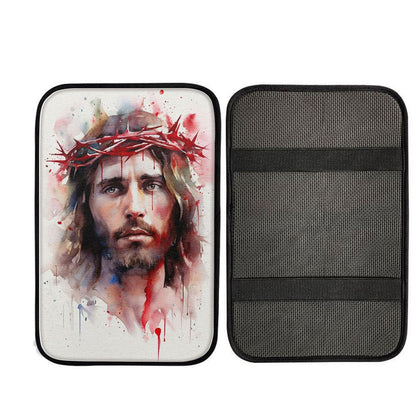 Jesus In Crown Of Thorns Watercolor Car Center Console Cover, God Car Armrest Accessories