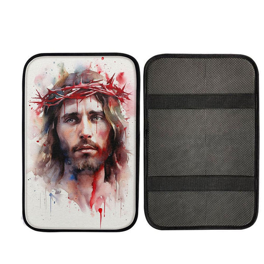 Jesus In Crown Of Thorns Watercolor Car Center Console Cover, God Car Armrest Accessories