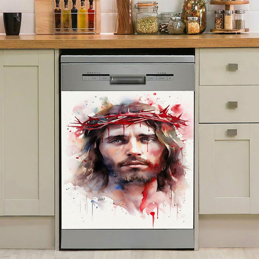 Jesus In Crown Of Thorns Watercolor Dishwasher Cover, Jesus Dishwasher Stickers, Christian Kitchen Decor