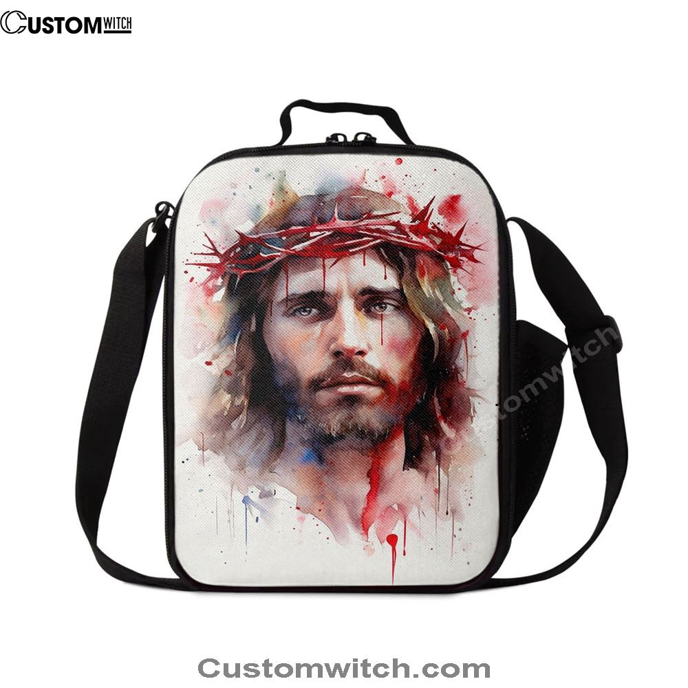 Jesus In Crown Of Thorns Watercolor Lunch Bag, Christian Lunch Box For School, Picnic