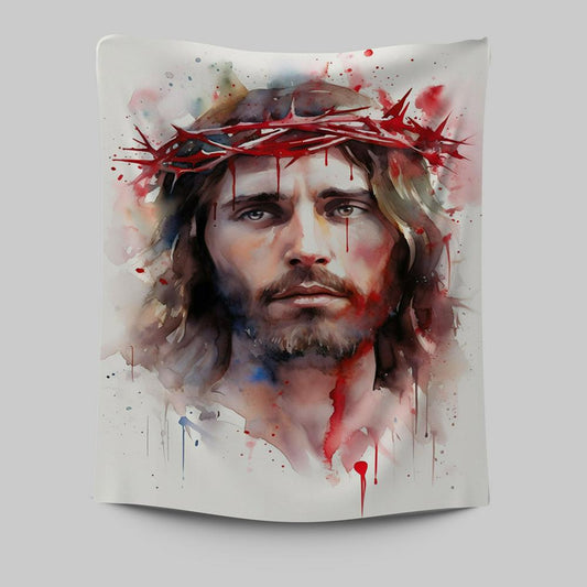 Jesus In Crown Of Thorns Watercolor Tapestry Prints - Jesus Tapestry Art - Christian Wall Art Decor