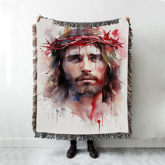 Jesus In Crown Of Thorns Watercolor Woven Blanket Prints - Jesus Woven Blanket Art - Christian Throw Blanket Decor