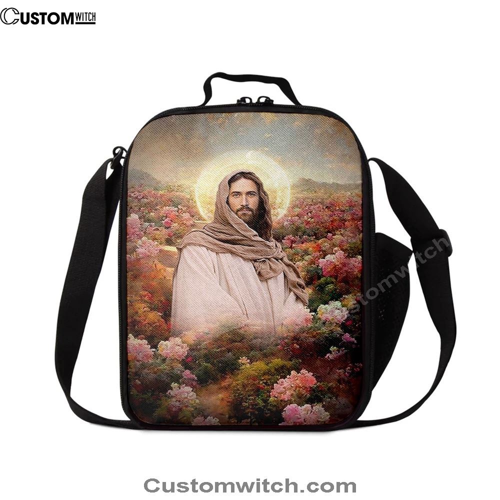 Jesus In Flowers Lunch Bag - Jesus Art, Christian Lunch Box For School, Picnic
