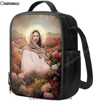 Jesus In Flowers Lunch Bag - Jesus Art, Christian Lunch Box For School, Picnic