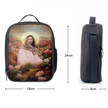 Jesus In Flowers Lunch Bag - Jesus Art, Christian Lunch Box For School, Picnic