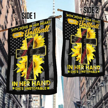 Jesus In Her Heart Softball In Her Hand Sunflower Christian Cross House Flag, Christian Flag, Christian Flag, Scripture Flag, Garden Banner