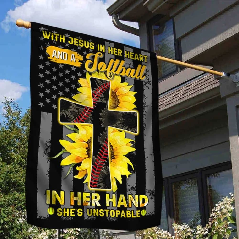 Jesus In Her Heart Softball In Her Hand Sunflower Christian Cross House Flag, Christian Flag, Christian Flag, Scripture Flag, Garden Banner