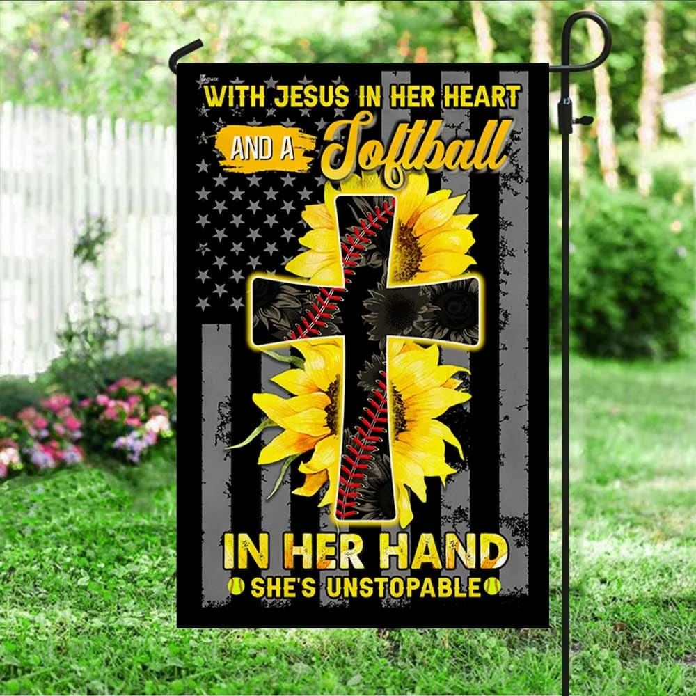 Jesus In Her Heart Softball In Her Hand Sunflower Christian Cross House Flag, Christian Flag, Christian Flag, Scripture Flag, Garden Banner