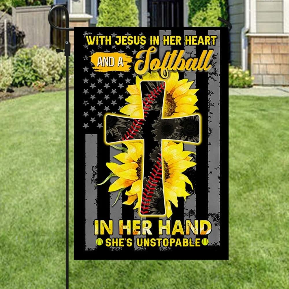 Jesus In Her Heart Softball In Her Hand Sunflower Christian Cross House Flag, Christian Flag, Christian Flag, Scripture Flag, Garden Banner