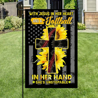 Jesus In Her Heart Softball In Her Hand Sunflower Christian Cross House Flag, Christian Flag, Christian Flag, Scripture Flag, Garden Banner