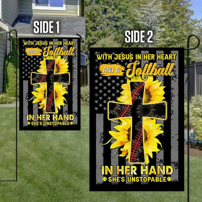 Jesus In Her Heart Softball In Her Hand Sunflower Christian Cross House Flag, Christian Flag, Christian Flag, Scripture Flag, Garden Banner