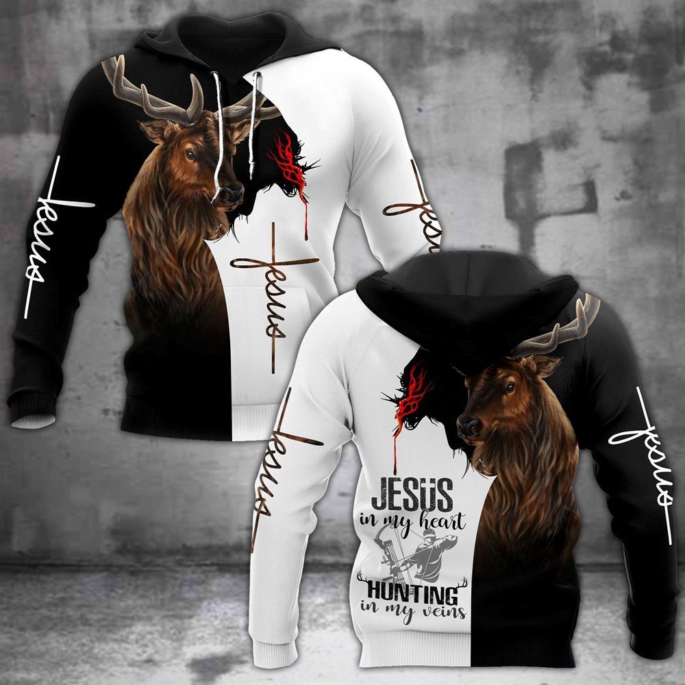 Jesus In My Heart, Hunting In My Veins God 3D Hoodie For Man And Women, Jesus Printed 3D Hoodie
