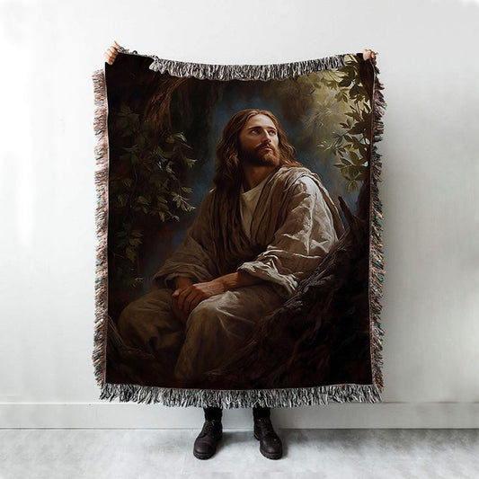 Jesus In The Tree In The Style Of Lush Brushstr 66 Woven Blanket Prints - Jesus Woven Blanket Art - Christian Throw Blanket Decor