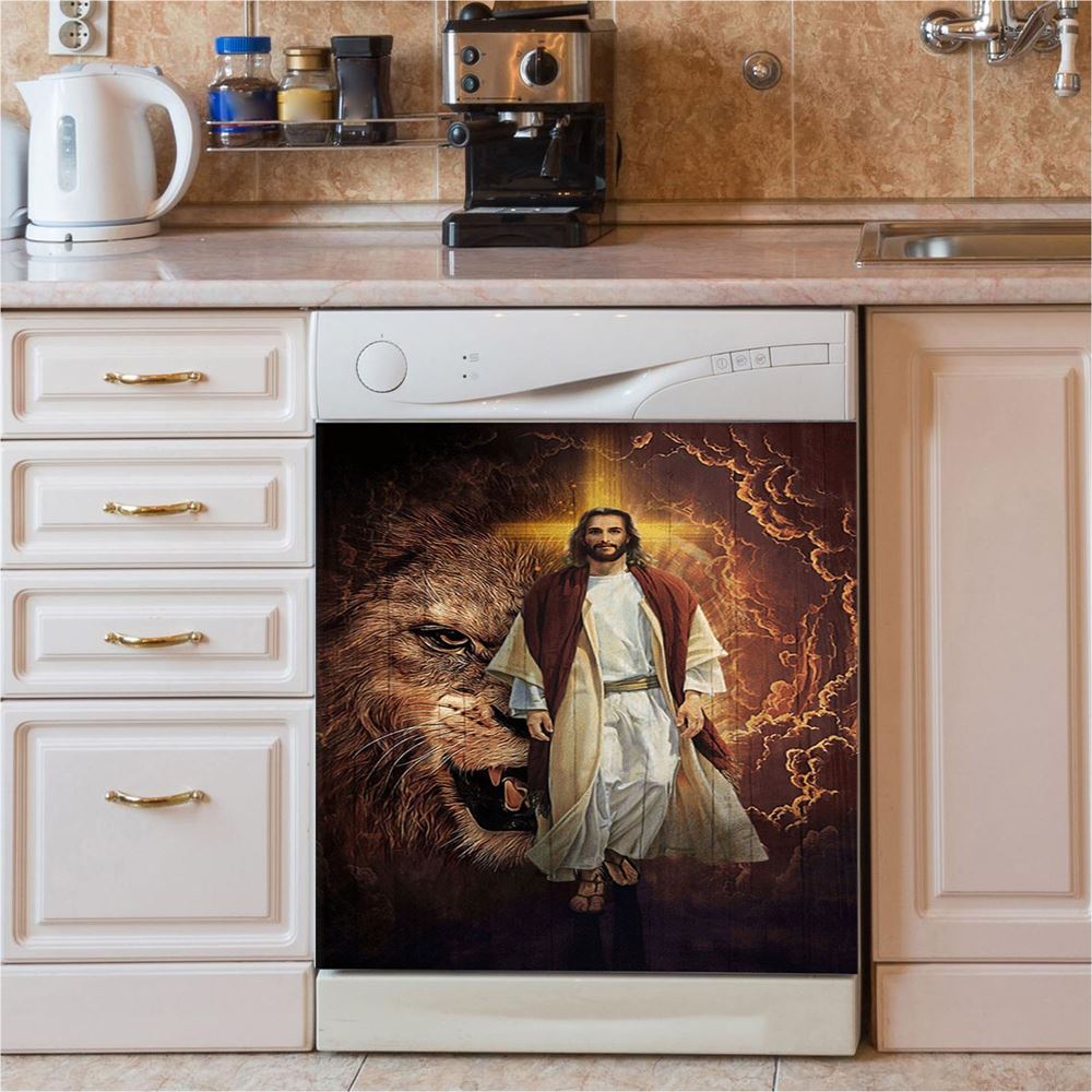 Jesus Is King Lion Of Judah Dishwasher Cover, Jesus Portrait Dishwasher Stickers, Christian Kitchen Decor