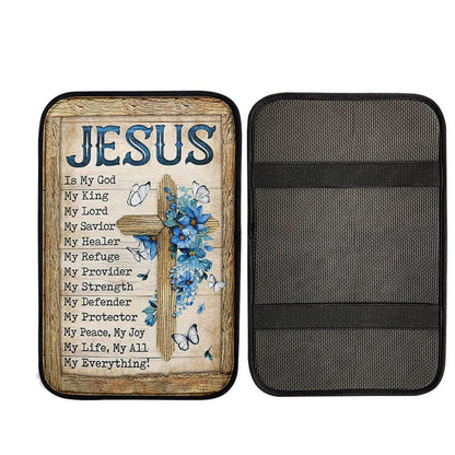 Jesus Is My God My King Blue Flower Wooden Cross White Butterfly Car Center Console Cover, God Car Armrest Accessories