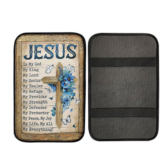 Jesus Is My God My King Blue Flower Wooden Cross White Butterfly Car Center Console Cover, God Car Armrest Accessories