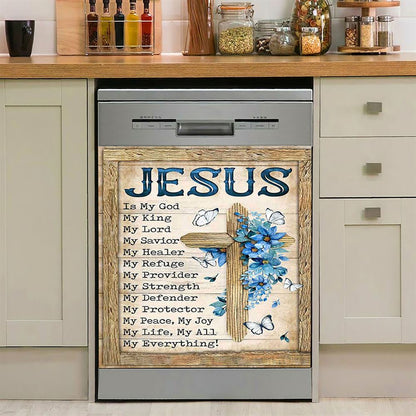 Jesus Is My God My King Blue Flower Wooden Cross White Butterfly Dishwasher Cover, Bible Verse Dishwasher Stickers, Christian Kitchen Decor
