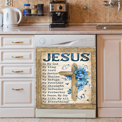 Jesus Is My God My King Blue Flower Wooden Cross White Butterfly Dishwasher Cover, Bible Verse Dishwasher Stickers, Christian Kitchen Decor