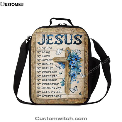 Jesus Is My God My King Blue Flower Wooden Cross White Butterfly Lunch Bag, Christian Lunch Box For School, Picnic