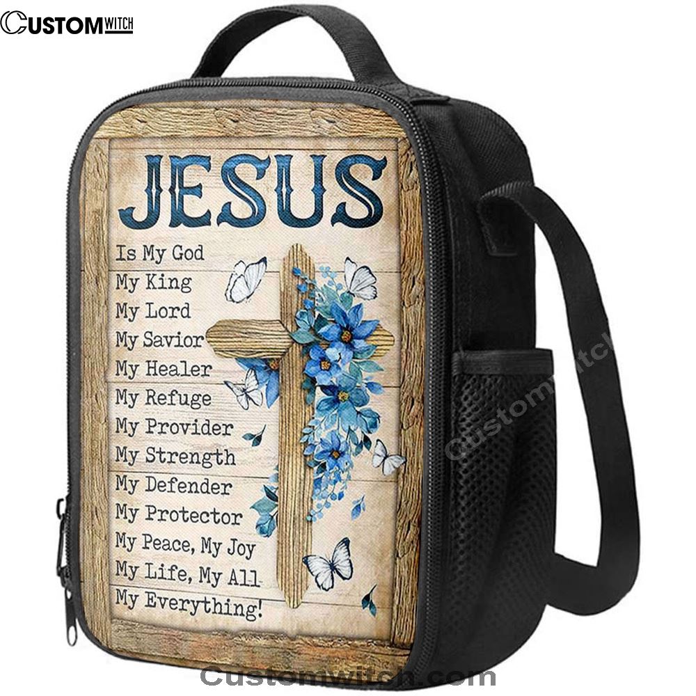 Jesus Is My God My King Blue Flower Wooden Cross White Butterfly Lunch Bag, Christian Lunch Box For School, Picnic