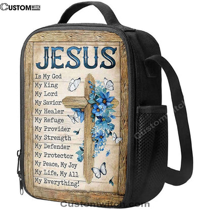 Jesus Is My God My King Blue Flower Wooden Cross White Butterfly Lunch Bag, Christian Lunch Box For School, Picnic